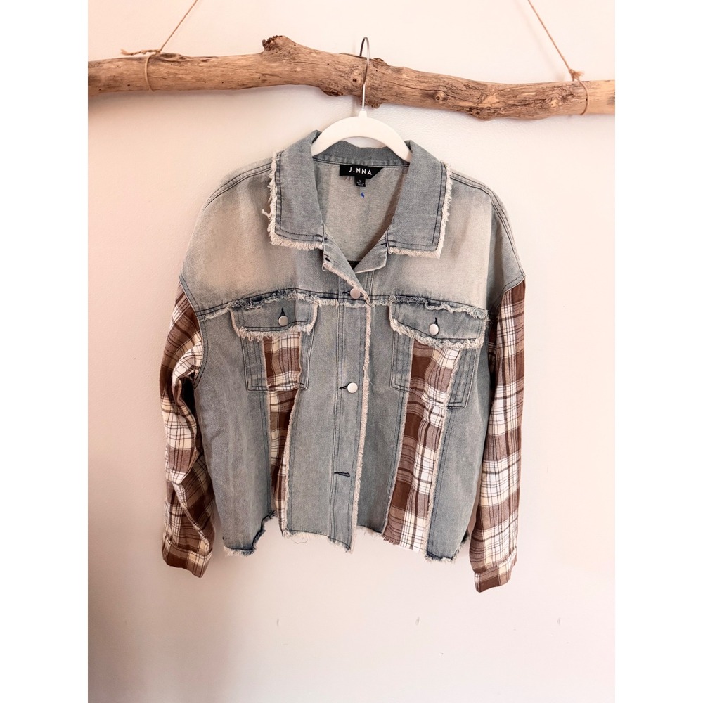 J.NNA Womens Mixed Media Denim Plaid Jacket Blue Brown Frayed Shacket M